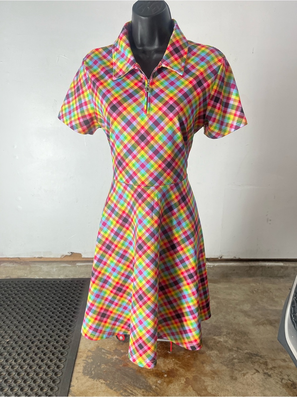 SHEIN Bright Multicolor Plaid Short-Sleeve Zip A-Line Dress